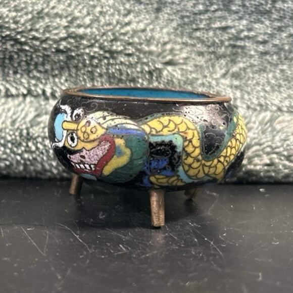 Mini Chinese Cloisonné Dragon Bowl Enamel Metal Art c1800s - Picture 1 of 10